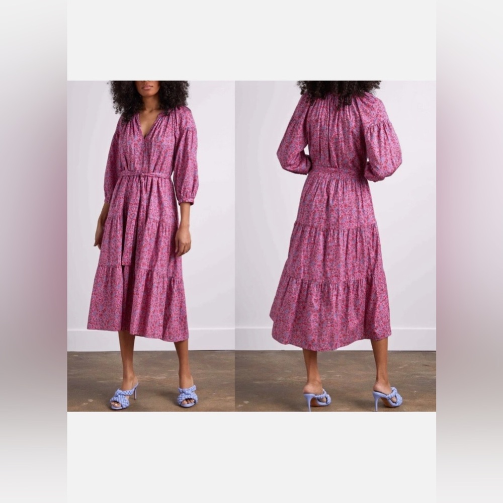 Xirena Annieka Pink Flora Tiered Cotton Midi Dress Puff Sleeve Waist Belt Sz. XS
